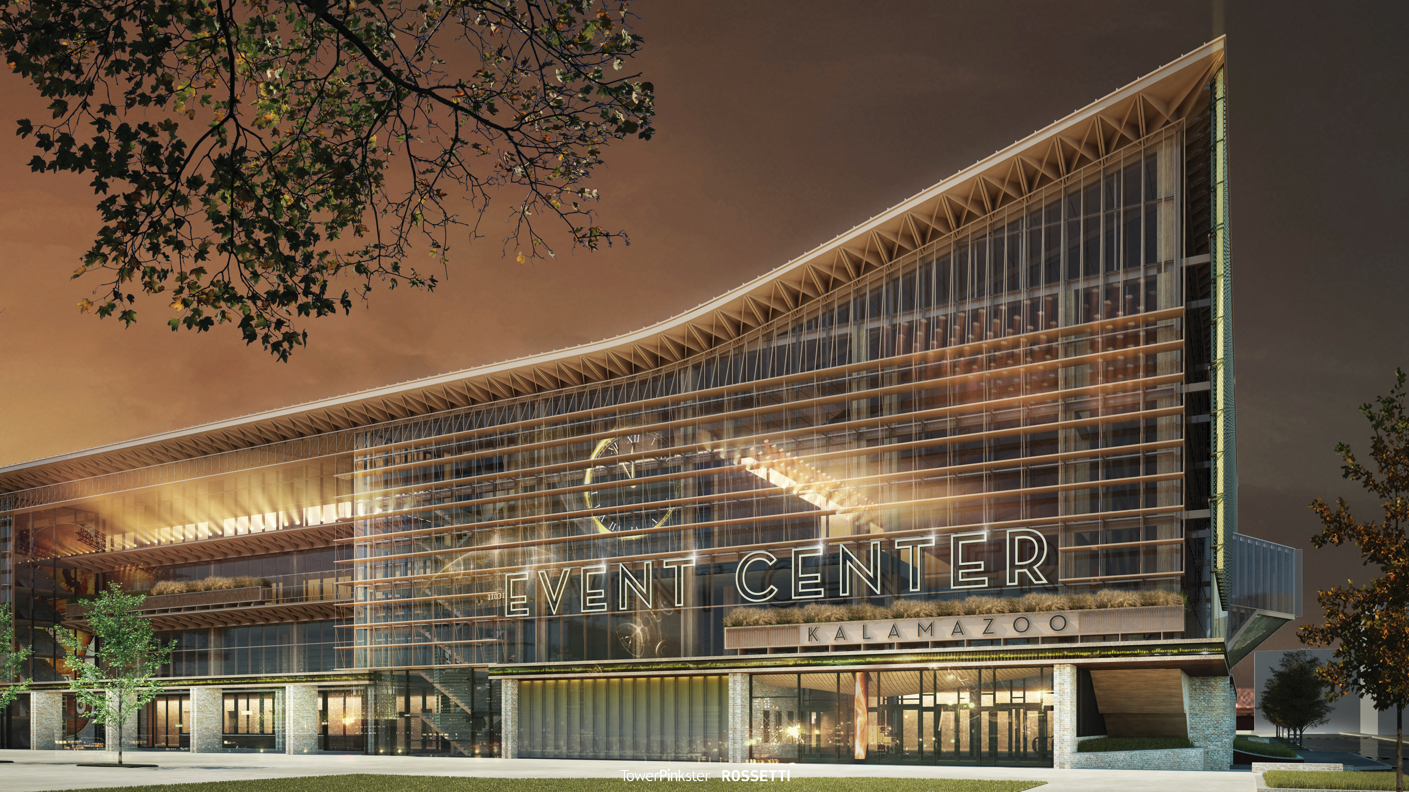 Renderings released in January 2024 of the planned Kalamazoo event center. (Courtesy of Catalyst)