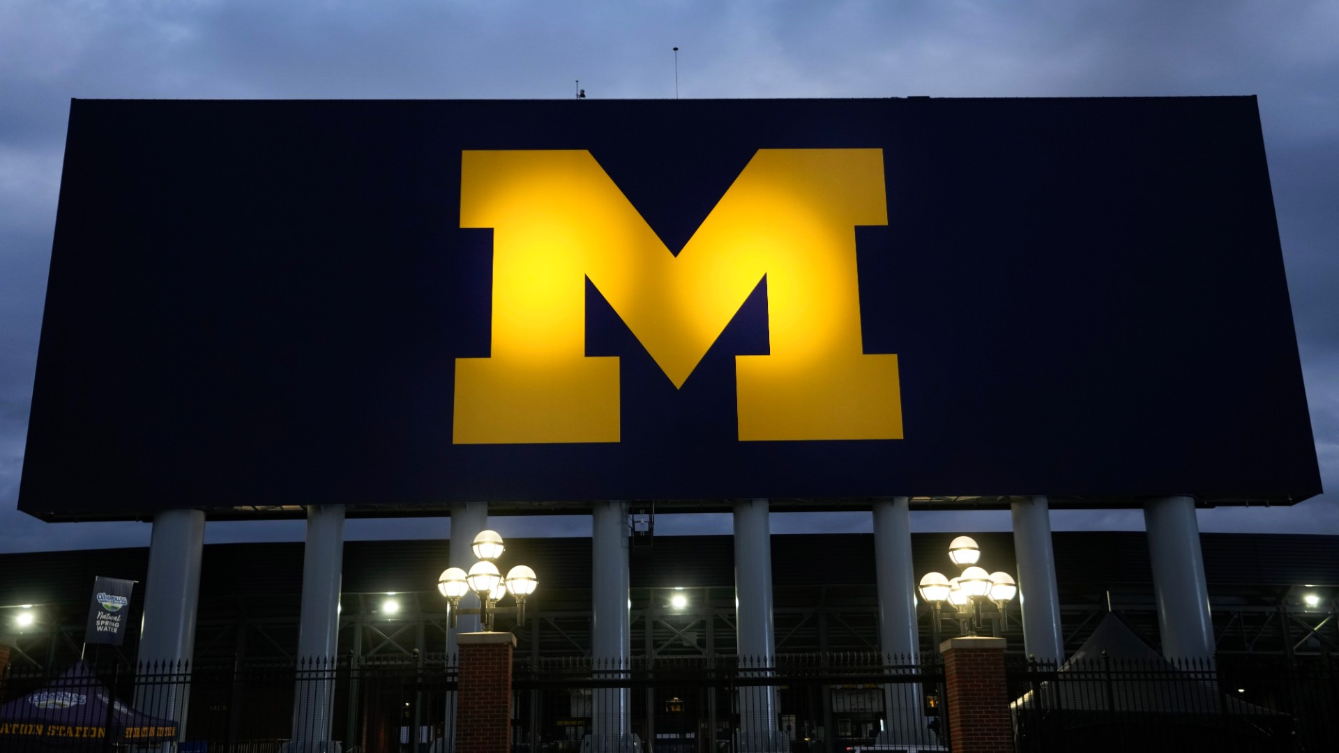 The block M logo for the University of Michigan is displayed at the school's NCAA college football stadium in Ann Arbor, Mich., Nov. 10, 2023. (AP Photo/Paul Sancya, File)