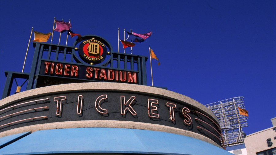 A blue sky shines over Tiger Stadium in Detroit. The ballpark at Michigan and Trumbull was home to the Detroit Tigers from 1912 through 1999. (Ezra Smith/Getty Images)