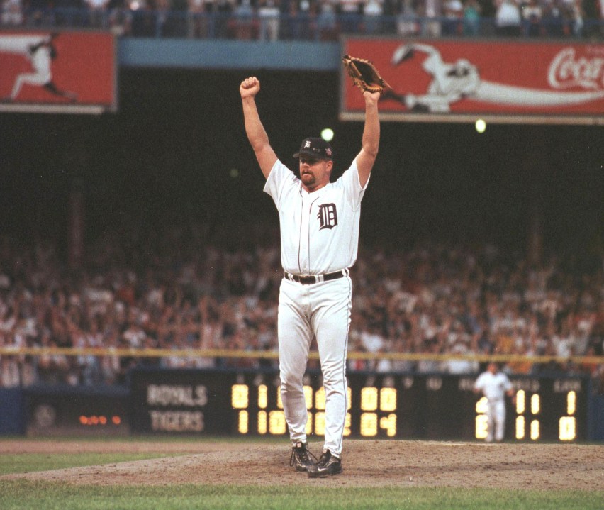 Detroit reliever Todd Jones raises his arms in triumph after recording the final out at Tiger Stadium, an 8-2 win over the Kansas City Royals. (Ezra Smith/Getty Images)
