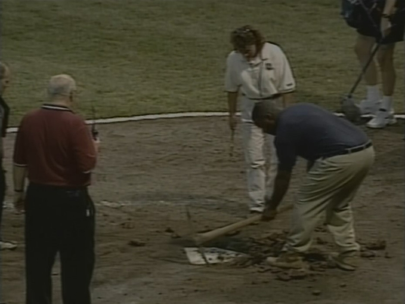 A member of the Detroit Tigers grounds crew digs up home plate following the team’s final game at Tiger Stadium on Sept. 27, 1999. The plate was brought from Tiger Stadium and installed at nearby Comerica Park, the team’s new home. (WOOD TV8 file)