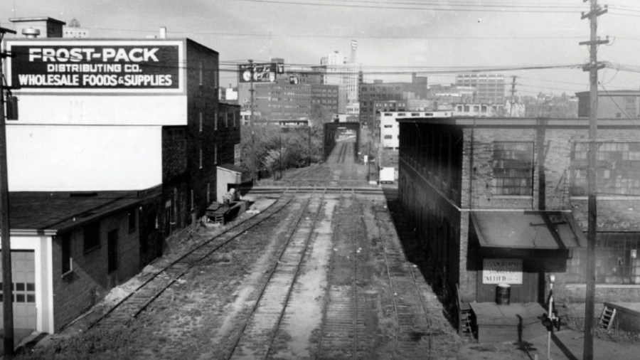 A photo showing the railroad tracks as they run along the Grand Rapids & Indiana Railroad Bridge in downtown Grand Rapids. The photo is believed to have been taken in the 1950s or 1960s. (Courtesy Grand Rapids Public Library)
