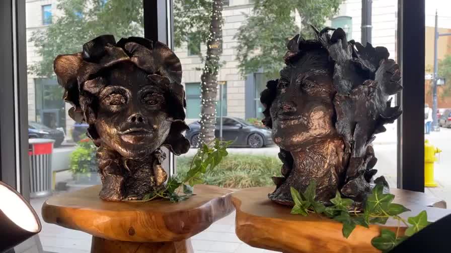Green Man Meets Green Woman by Johanna Kremer displayed at The Parlour at CityFlatsHotel in Grand Rapids for ArtPrize 2024. (Sept. 26, 2024)