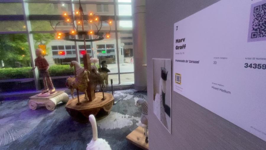Marv Graff's ArtPrize piece entitled, "I'll Be Swan" on display at the JW Mariott. (Sept. 19, 2024)