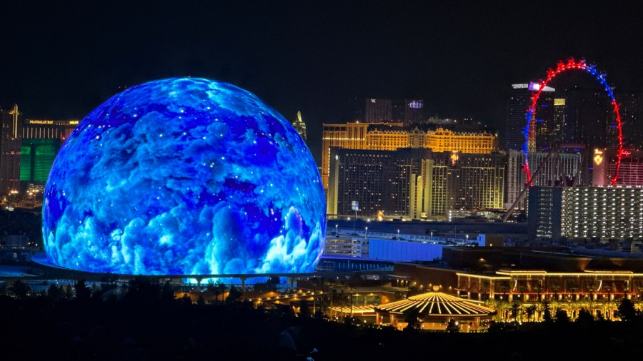 FILE - The MSG Sphere illuminates the Las Vegas skyline, as seen from the Metropolis, on July 4, 2023. (L.E. Baskow/Las Vegas Review-Journal via AP, file)