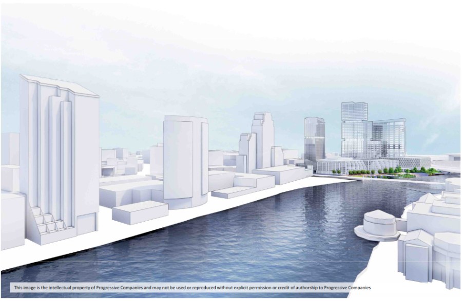 A rendering of a proposed development along the Grand River in Grand Rapids. (Courtesy)