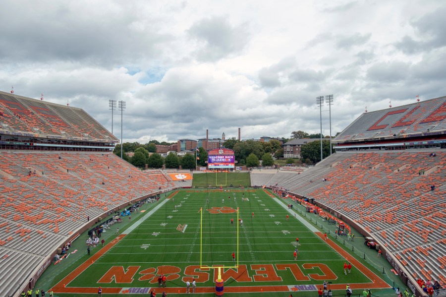FILE - A view of Memorial Stadium is seen, Oct. 30, 2021, in Clemson, S.C. (AP Photo/Hakim Wright Sr., File)