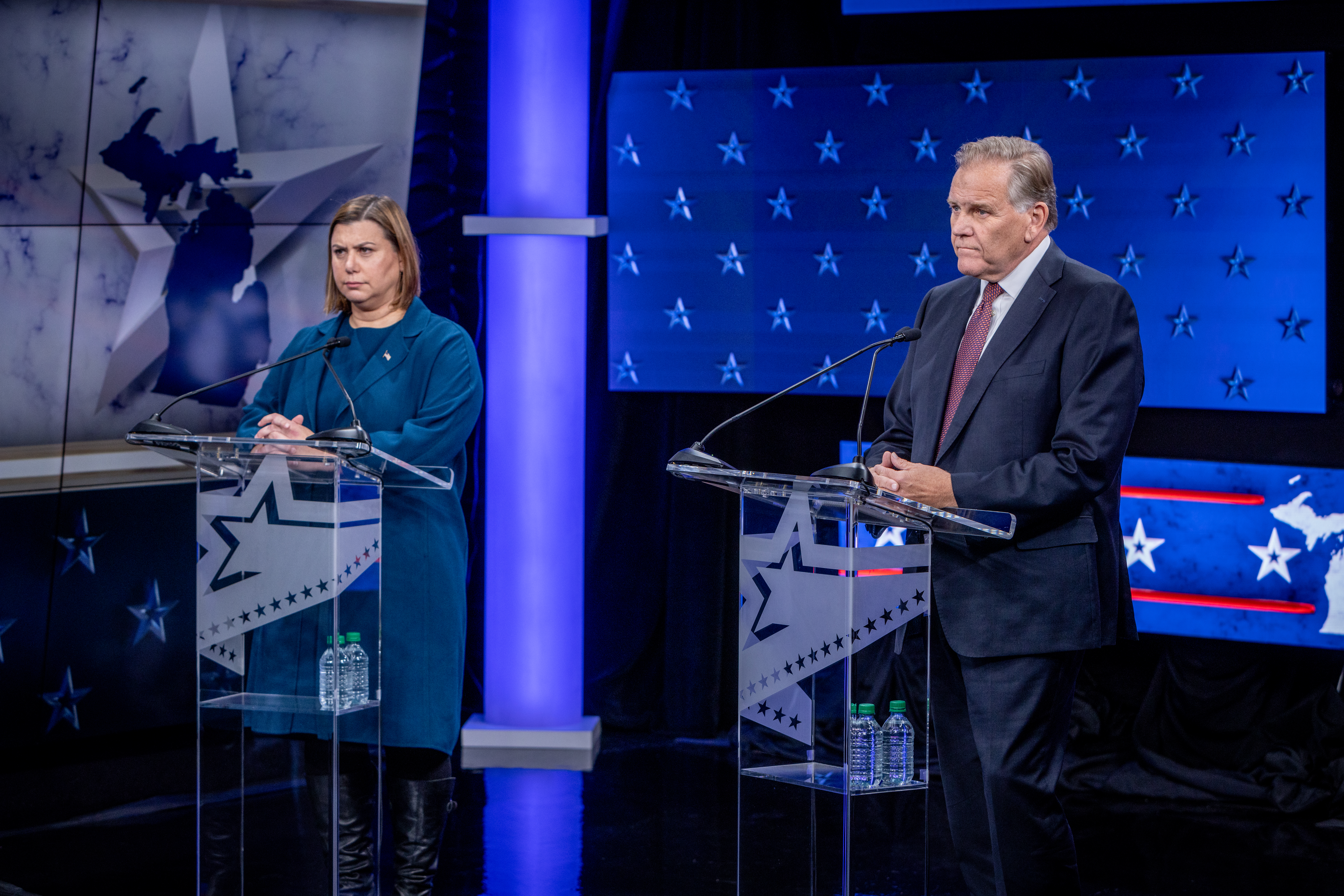 Former U.S. Rep. Mike Rogers and U.S. Rep. Elissa Slotkin at a debate hosted by WOOD TV8 on Oct. 8, 2024. (Michael Buck / WOOD TV8)