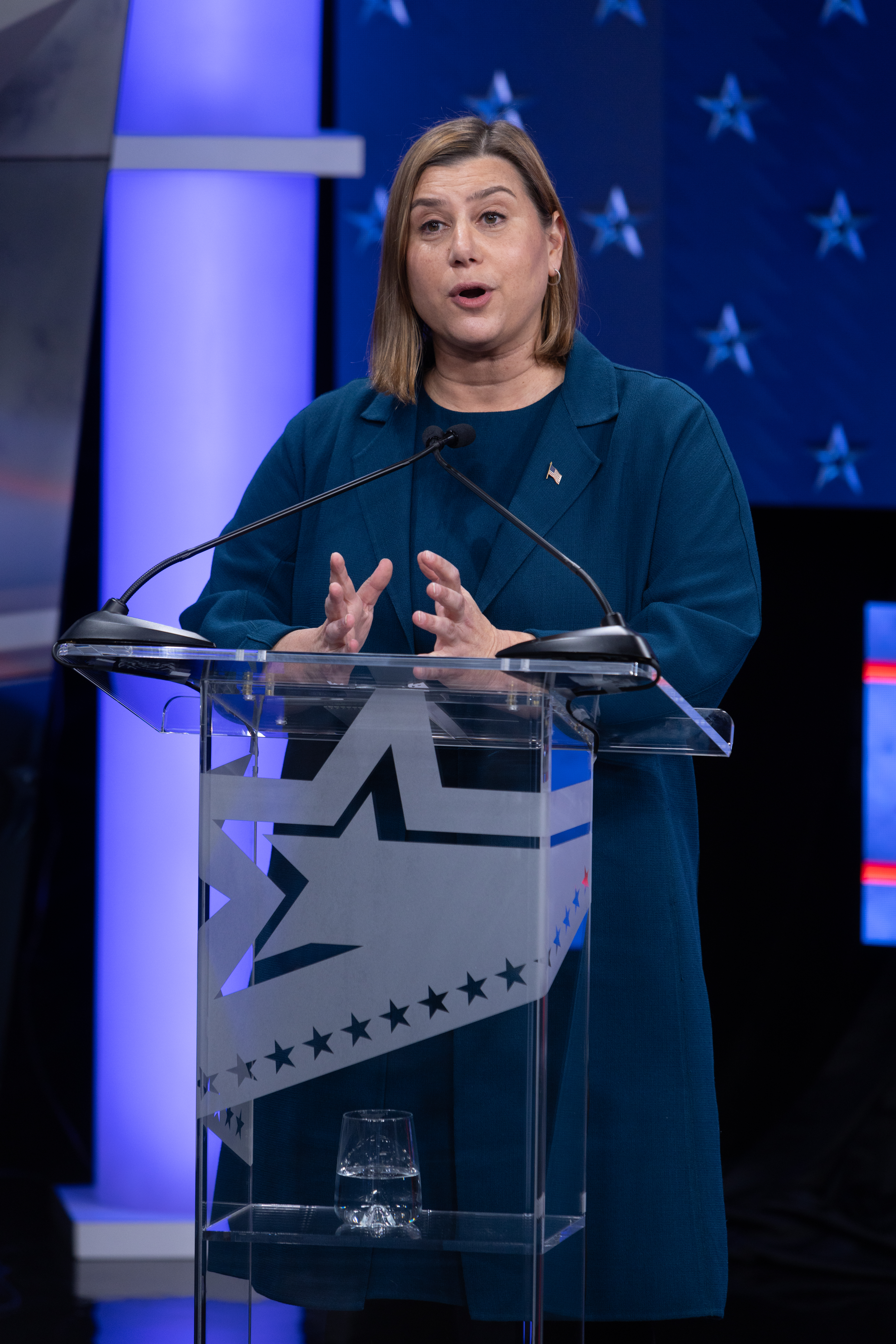 U.S. Rep. Elissa Slotkin, who is running for Michigan's open U.S. Senate seat at a debate hosted by WOOD TV8 on Oct. 8, 2024. (Michael Buck/WOOD TV8)