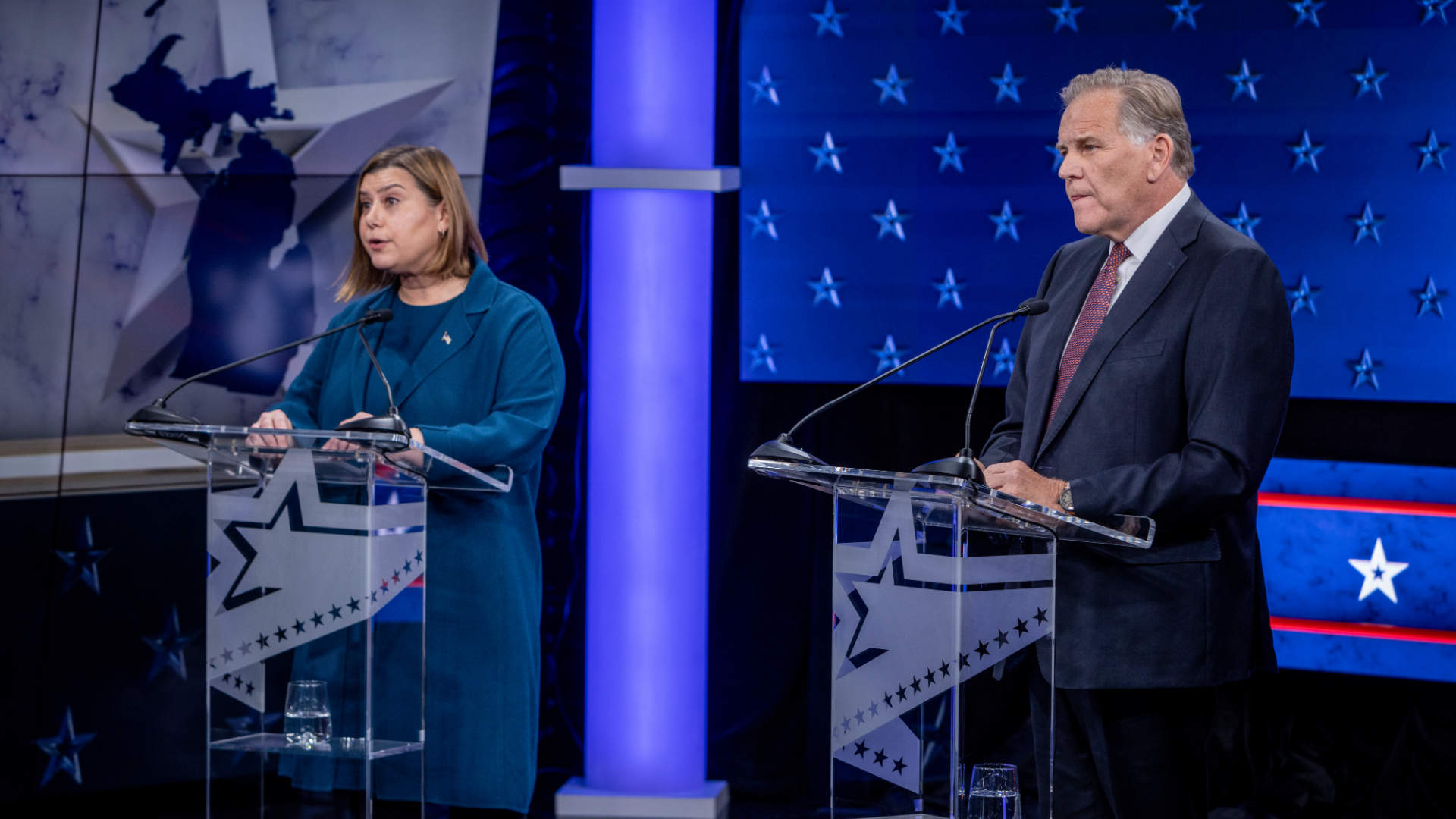 U.S. Senate candidates U.S. Rep. Elissa Slotkin (left) and former U.S. Rep. Mike Rogers participate in a debate at WOOD TV8 on Oct. 8, 2024. (Michael Buck/WOOD TV8)