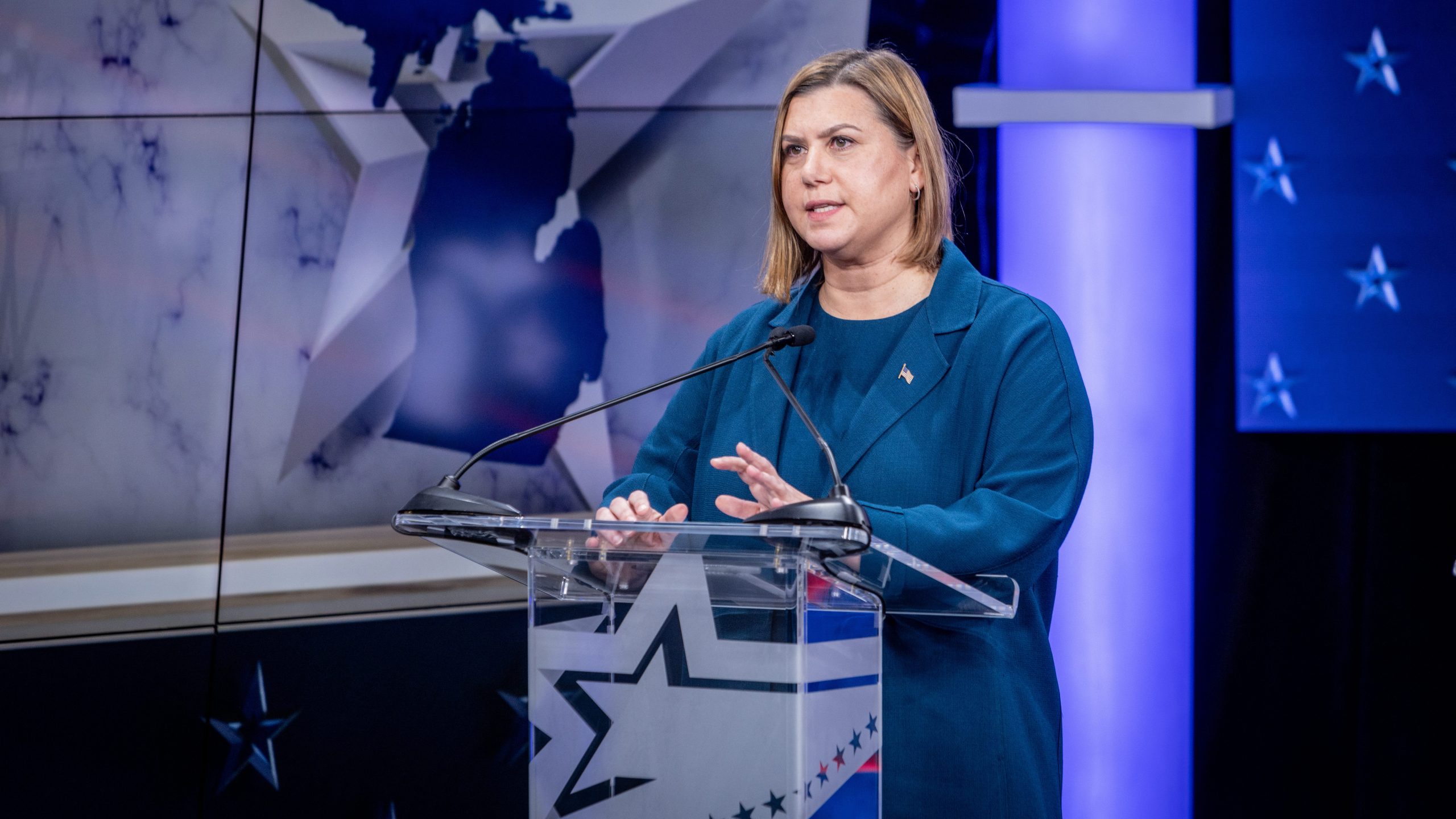 U.S. Rep. Elissa Slotkin, who is running for Michigan's open U.S. Senate seat at a debate hosted by WOOD TV8 on Oct. 8, 2024. (Michael Buck/WOOD TV8)