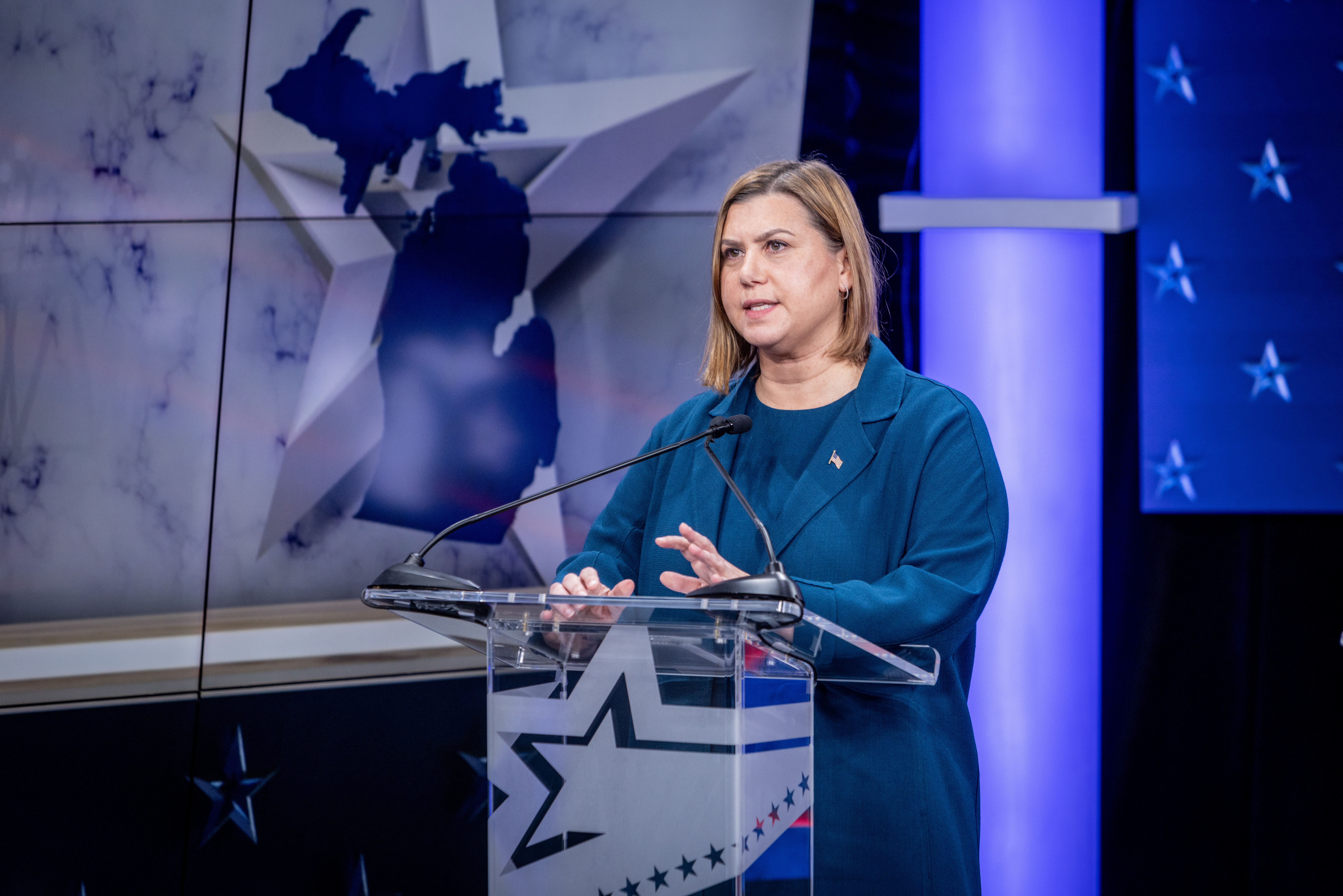 U.S. Rep. Elissa Slotkin, who is running for Michigan's open U.S. Senate seat at a debate hosted by WOOD TV8 on Oct. 8, 2024. (Michael Buck/WOOD TV8)