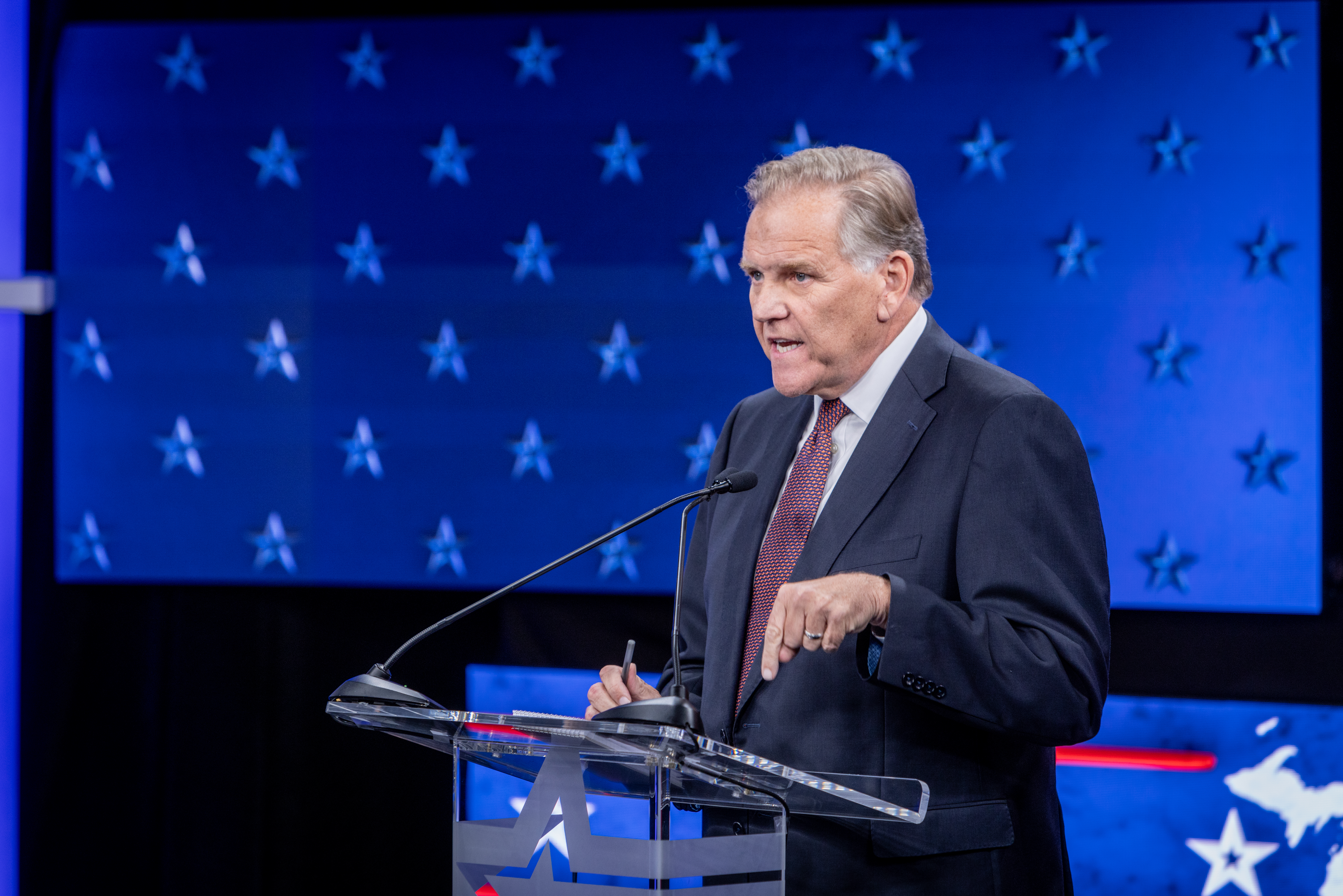 Former U.S. Rep. Mike Rogers, who is running for Michigan's open U.S. Senate seat at a debate hosted by WOOD TV8 on Oct. 8, 2024. (Michael Buck/WOOD TV8)