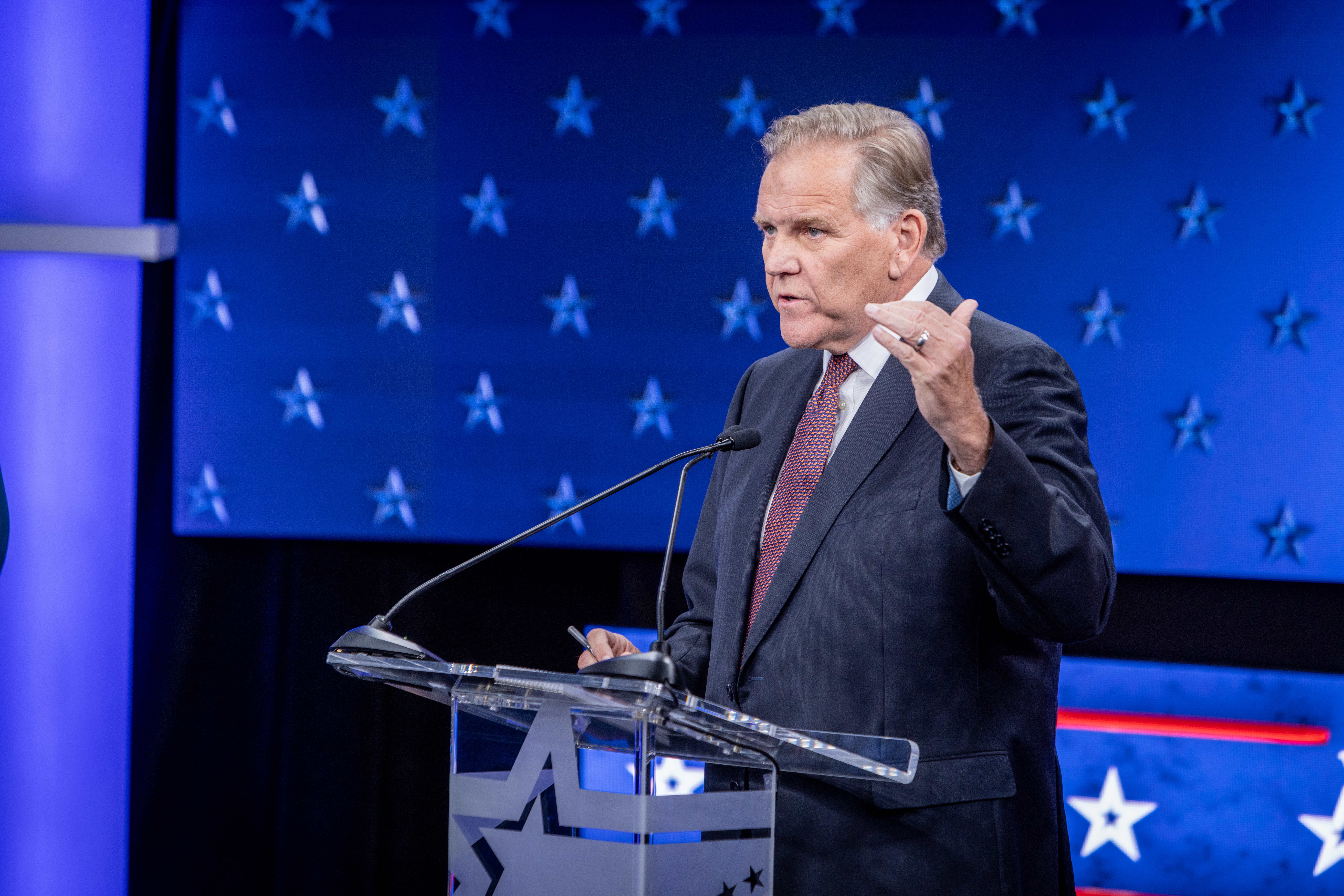 Former U.S. Rep. Mike Rogers, who is running for Michigan's open U.S. Senate seat at a debate hosted by WOOD TV8 on Oct. 8, 2024. (Michael Buck/WOOD TV8)