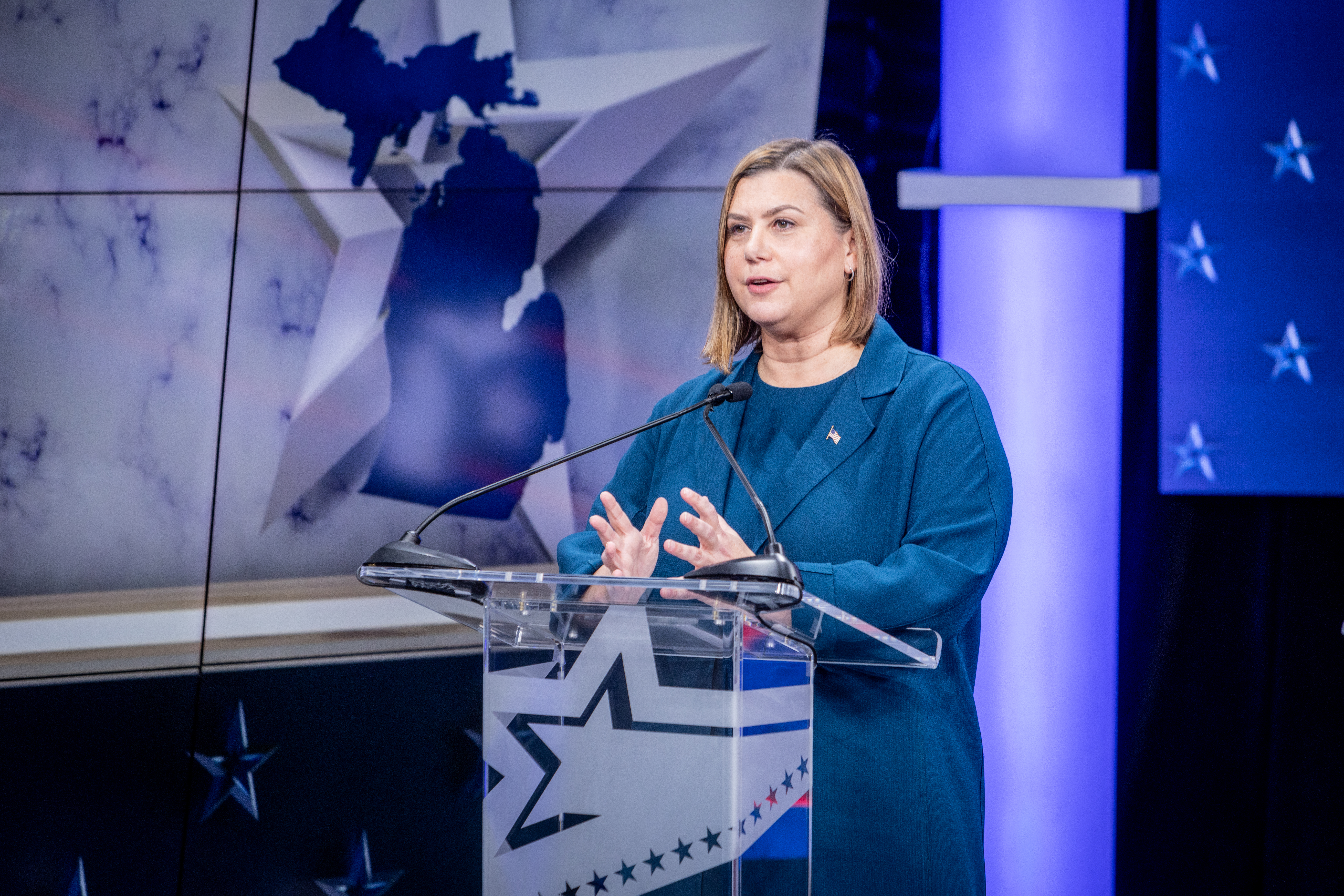 U.S. Rep. Elissa Slotkin, who is running for Michigan's open U.S. Senate seat at a debate hosted by WOOD TV8 on Oct. 8, 2024. (Michael Buck/WOOD TV8)