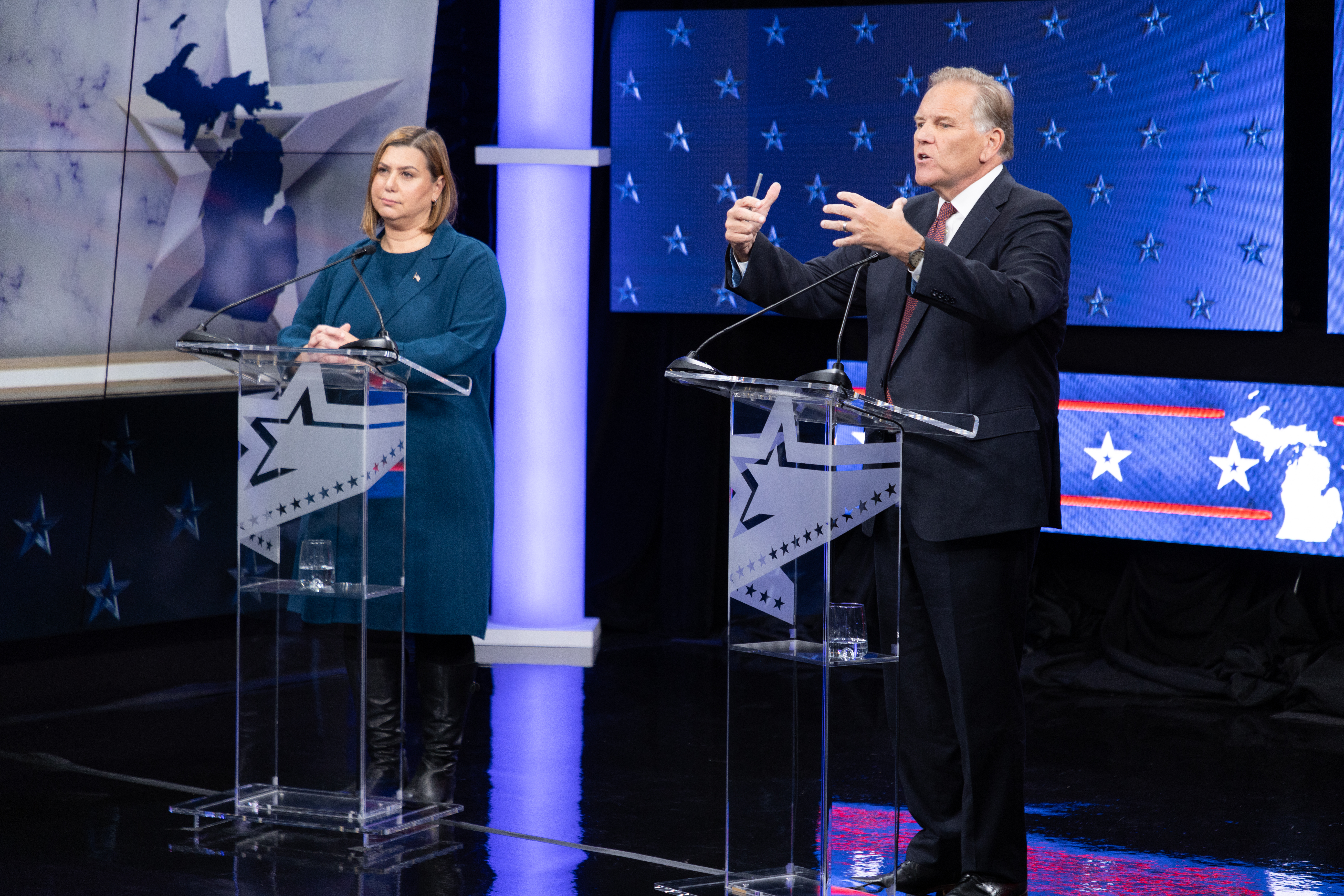 U.S. Senate candidates U.S. Rep. Elissa Slotkin (left) and former U.S. Rep. Mike Rogers participate in a debate at WOOD TV8 on Oct. 8, 2024. (Michael Buck/WOOD TV8)