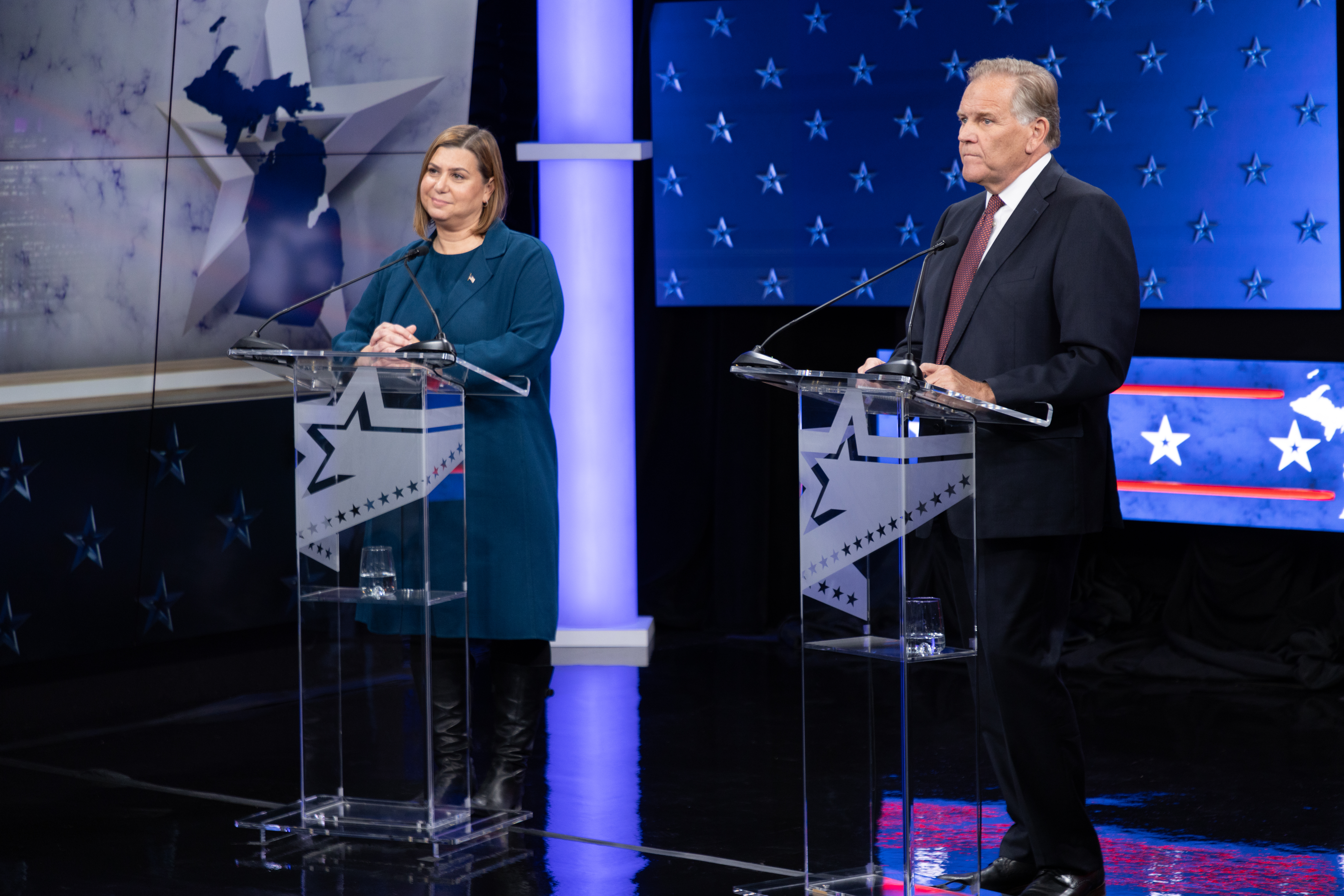 U.S. Senate candidates U.S. Rep. Elissa Slotkin (left) and former U.S. Rep. Mike Rogers participate in a debate at WOOD TV8 on Oct. 8, 2024. (Michael Buck/WOOD TV8)