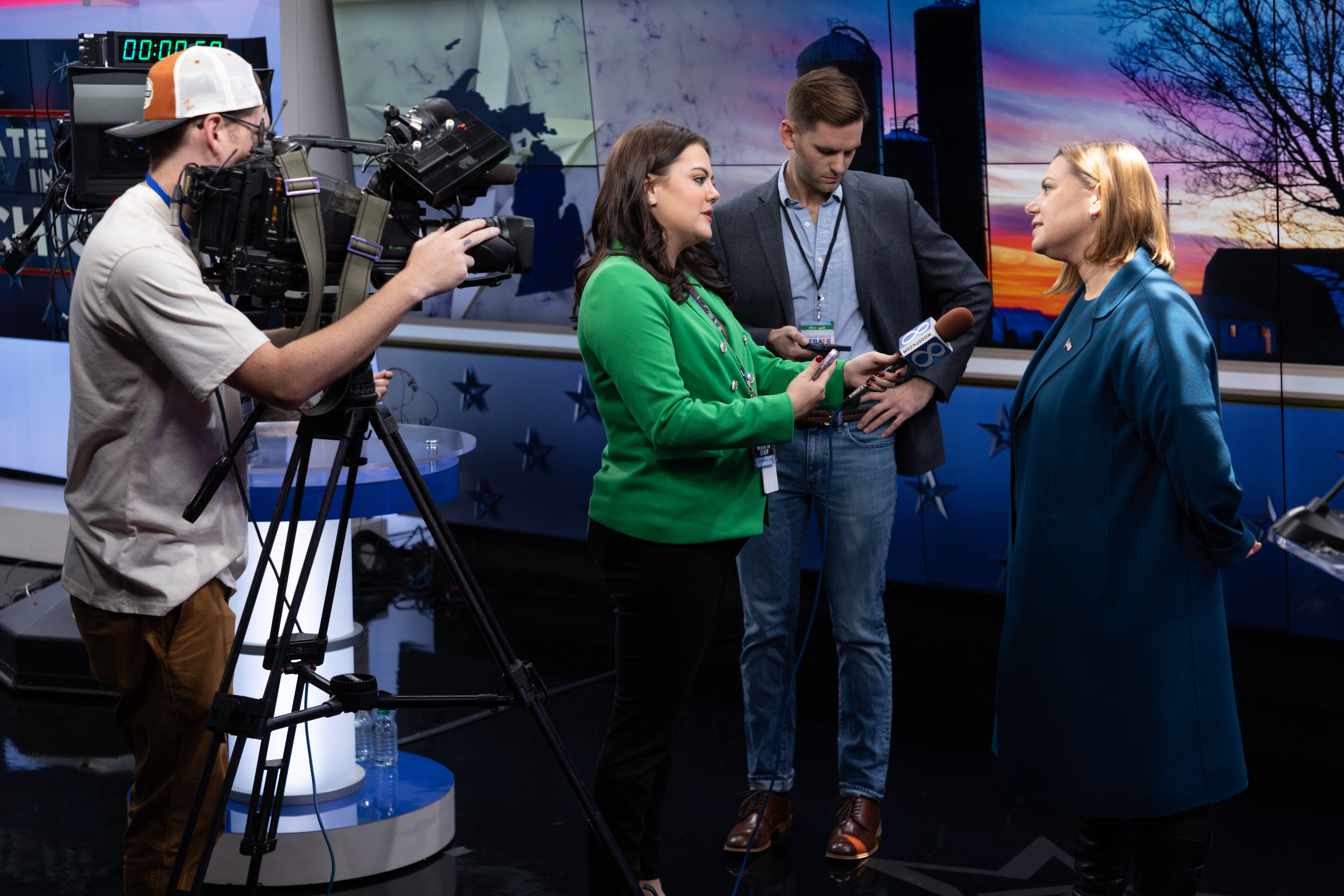 U.S. Rep. Elissa Slotkin speaks with News 8's Adriana Doria following a debate at WOOD TV8 on Oct. 8, 2024. (Michael Buck/WOOD TV8)