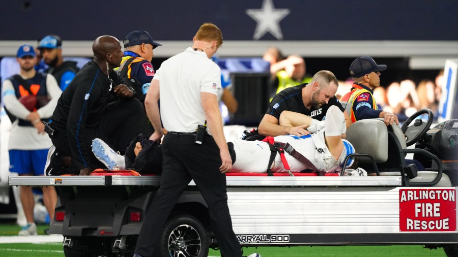 Detroit Lions defensive end Aidan Hutchinson is carted off the field after suffering a leg injury in the team's 47-9 win over Dallas on Oct. 13, 2024, in Arlington, Texas. (Sam Hodde/Getty Images)