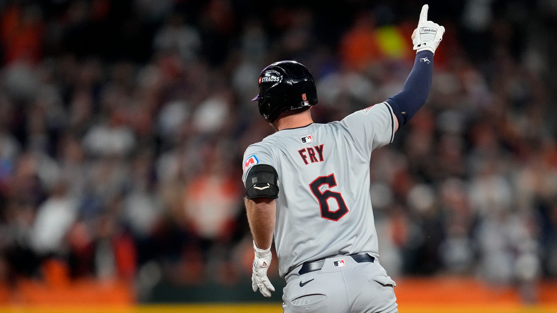 Cleveland Guardians' David Fry celebrates after hitting a two-run home run in the seventh inning during Game 4 of a baseball American League Division Series against the Detroit Tigers, Thursday, Oct. 10, 2024, in Detroit. (AP Photo/Paul Sancya)