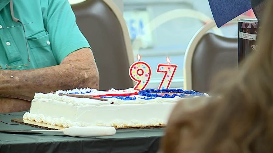 A 97th birthday celebration for two veterans at Marge's Donut Den on Wednesday, Oct. 23, 2024.