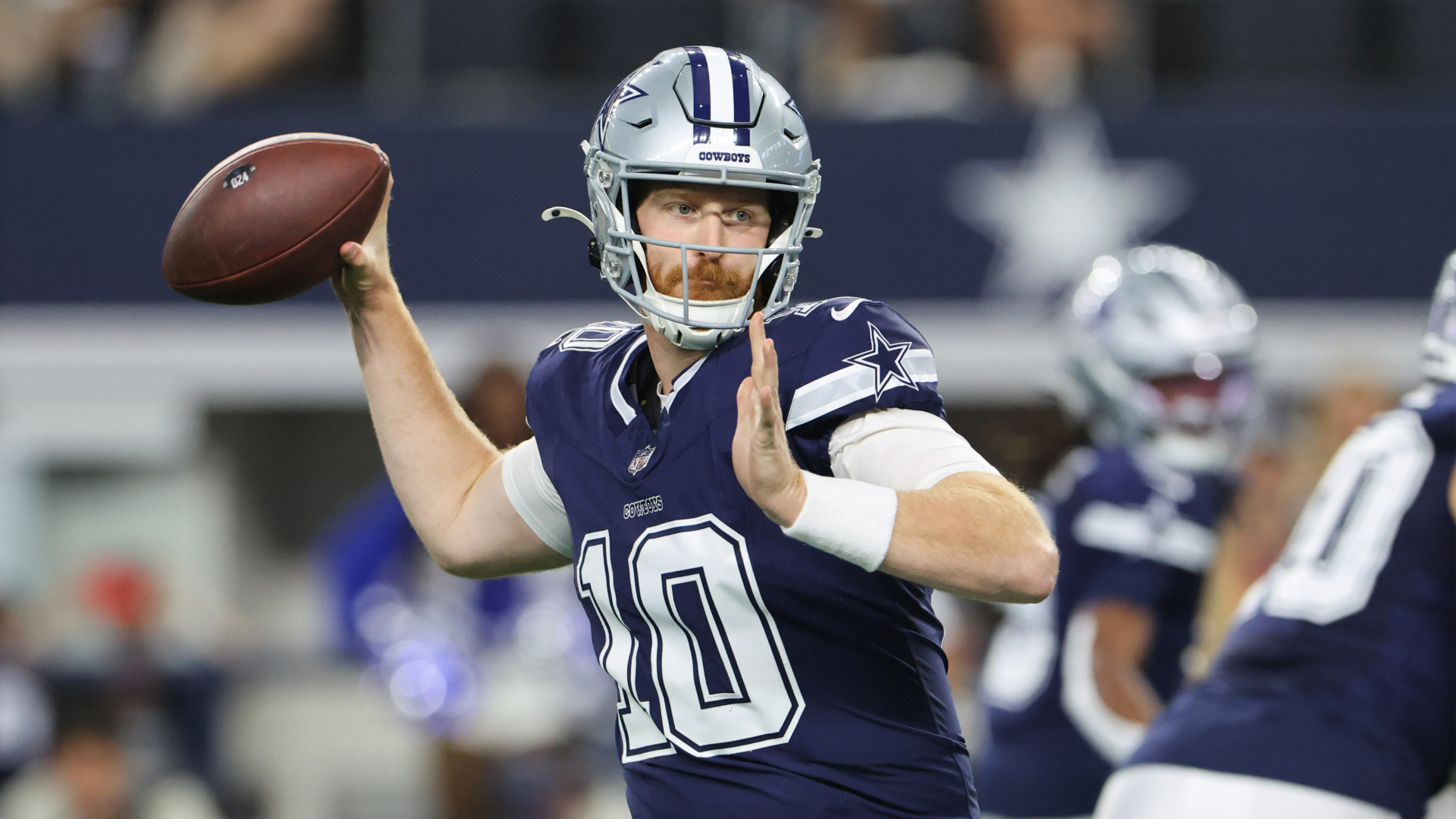 Dallas quarterback Cooper Rush throws a pass against the Lions on Sunday, Oct. 13, 2024. (Ron Jenkins/Getty Images)