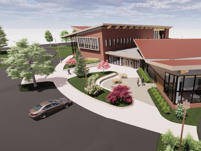 A courtesy rendering of a new library to be built next to Walker City Hall on Remembrance Road.