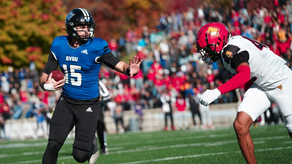 A Ferris State defender tracks down Grand Valley State quarterback Avery Moore during the Anchor-Bone Classic on Saturday, Oct. 26, 2024, at Lubbers Stadium. (Courtesy GVSU Athletics)