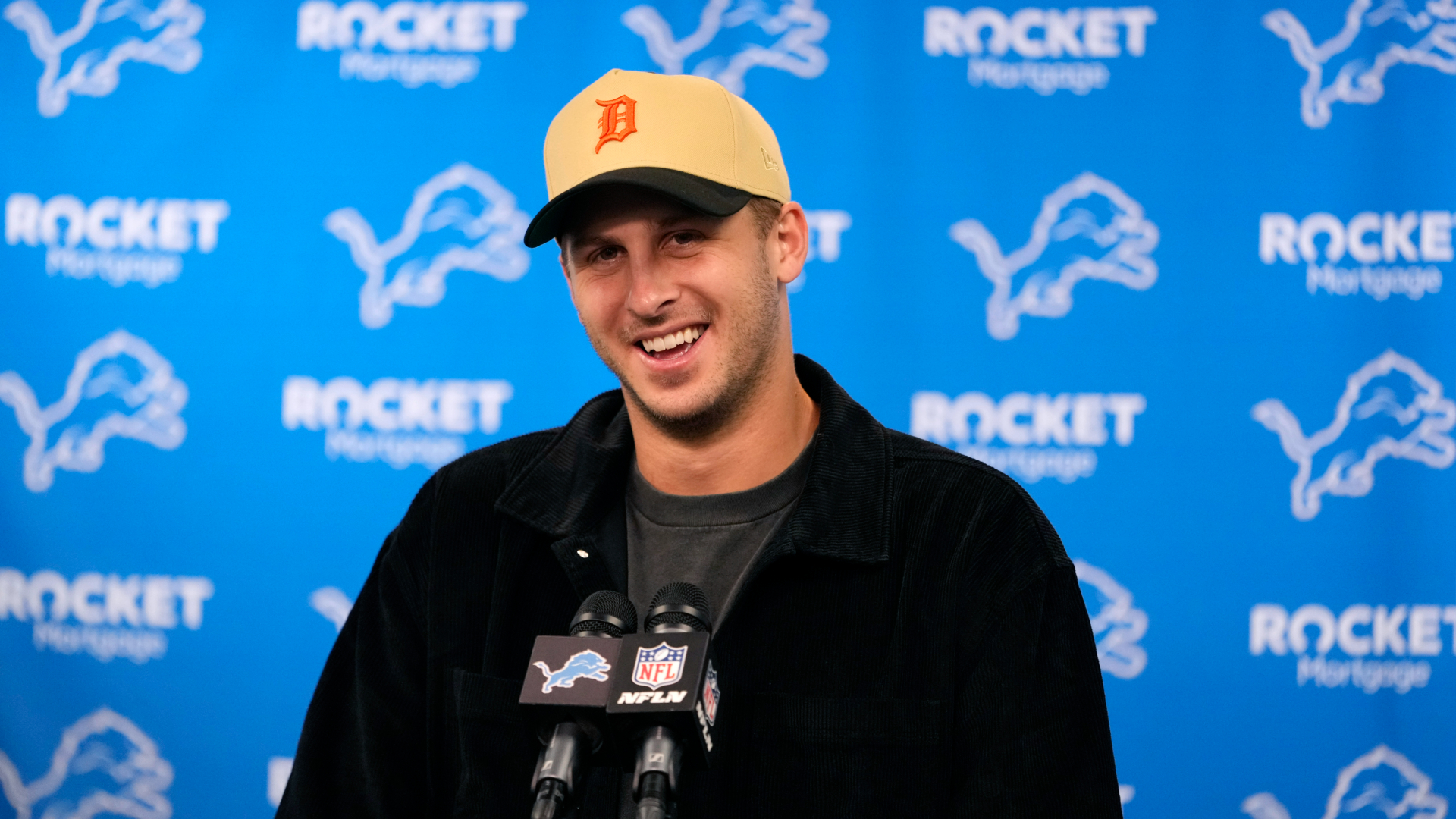 Detroit Lions quarterback Jared Goff addresses the media after their 42-29 win over Seattle on Monday, Sept. 30, 2024. (Paul Sancya/AP)