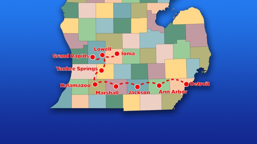 An illustration of John Ball's 1836 trip from Detroit to Grand Rapids. (WOOD TV8)