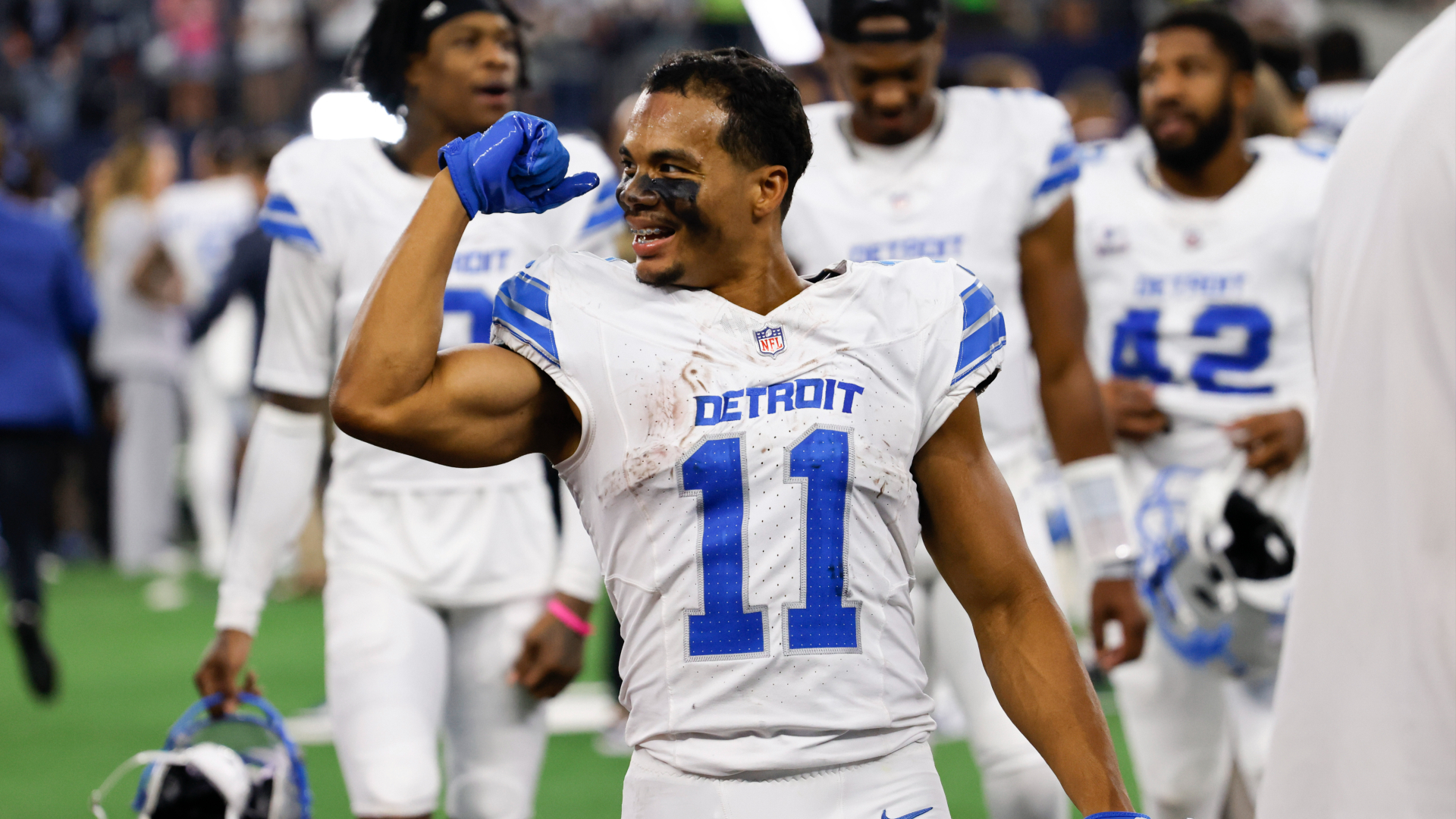 Detroit wide receiver Kalif Raymond is all smiles after the Lions' 47-9 win over Dallas on Sunday, Oct. 13, 2024. (Ron Jenkins/Getty Images)