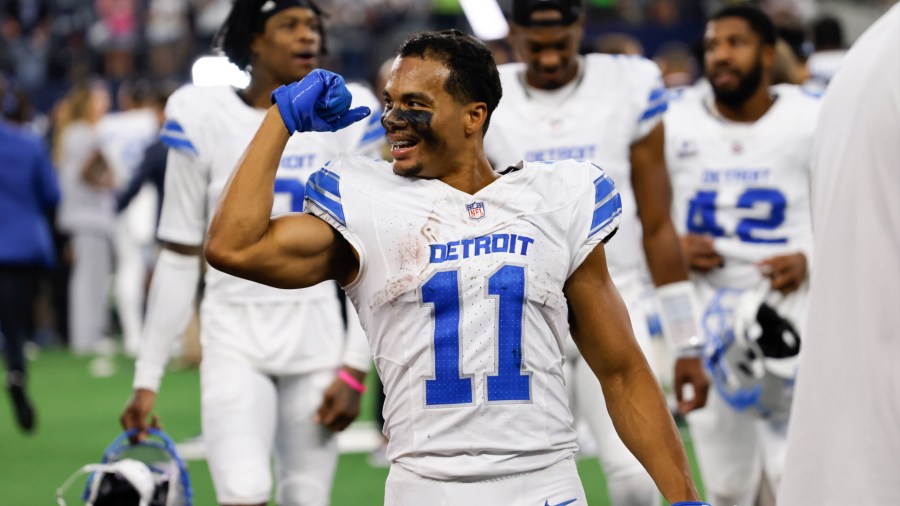 Detroit wide receiver Kalif Raymond is all smiles after the Lions' 47-9 win over Dallas on Sunday, Oct. 13, 2024. (Ron Jenkins/Getty Images)