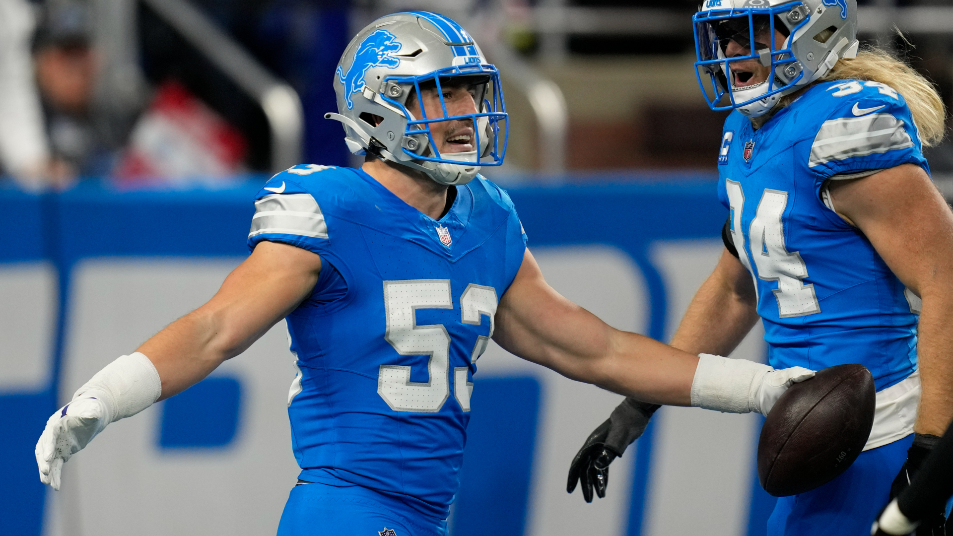 Detroit Lions linebacker Trevor Nowaske celebrates after making an interception during the Lions' 52-14 win over Tennessee on Oct. 27, 2024. (Paul Sancya/AP)