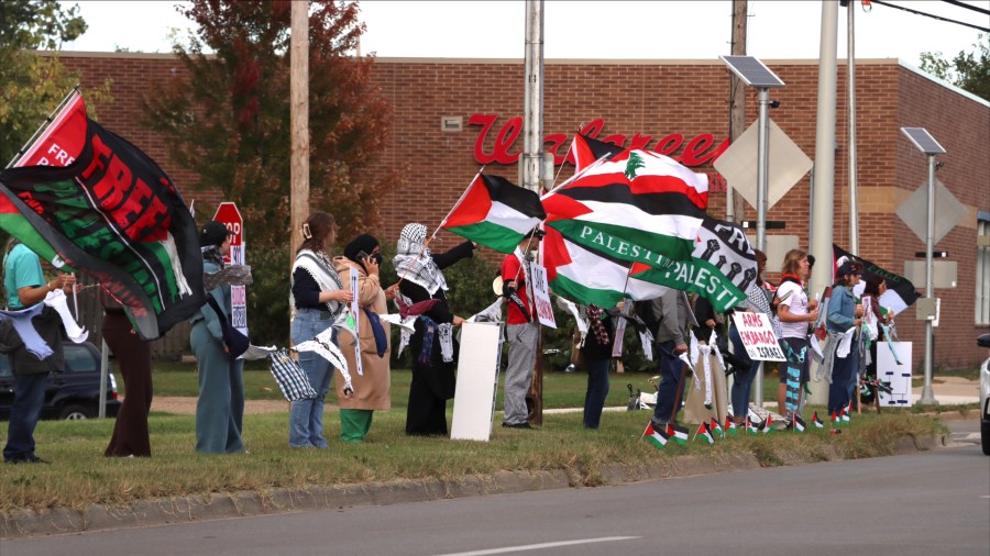 Over 50 people lined a part of West Michigan Avenue in Kalamazoo with Palestinian flags on Oct. 7, 2024, a year since the Oct. 7 attacks in Israel by Hamas militants.