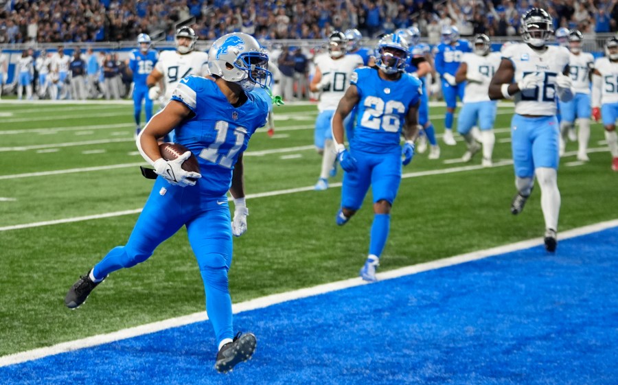 Detroit Lions wide receiver Kalif Raymond scores one of his two touchdowns against the Tennessee Titans on Sunday, Oct. 27, 2024, in Detroit. (Paul Sancya/AP)