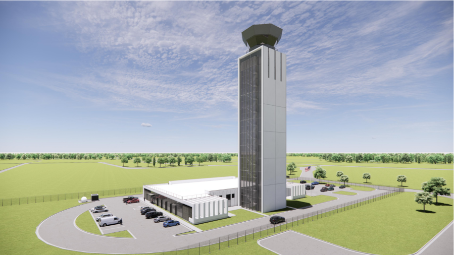 A courtesy rendering of a planned new air traffic control tower at Gerald R. Ford International Airport near Grand Rapids.
