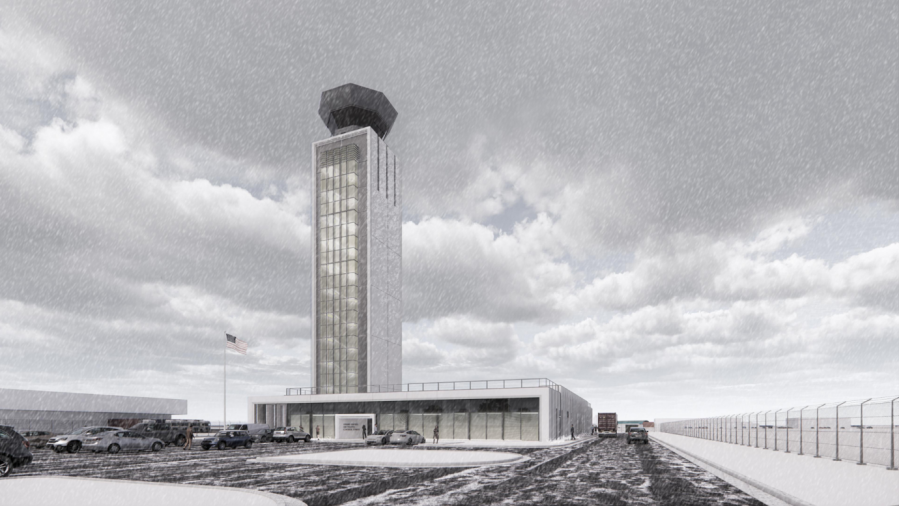 A courtesy rendering of a planned new air traffic control tower at Gerald R. Ford International Airport near Grand Rapids.
