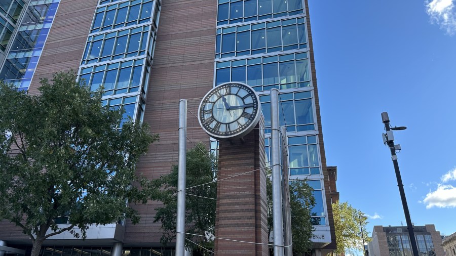 The clock sculpture outside the Kent County Courthouse in downtown Grand Rapids. (Oct. 15, 2024)