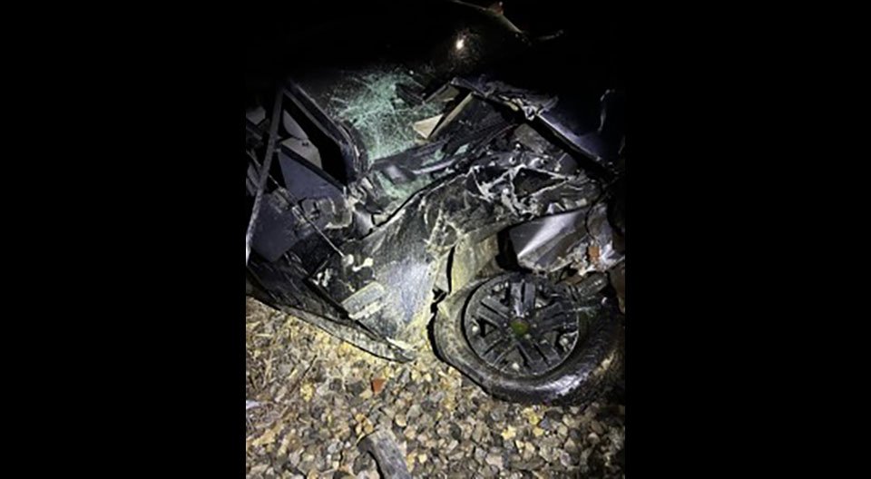 A photo released by the Ionia County Sheriff's Office of a pickup truck after it was hit by a train in Campbell Township on Oct. 23, 2024.