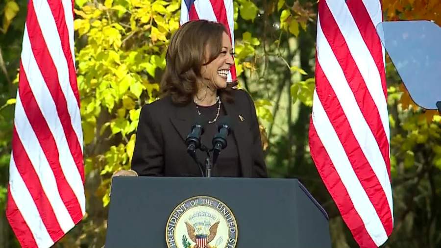 Vice President Kamala Harris rallies supporters at Riverside Park in Grand Rapids on Oct. 18, 2024.