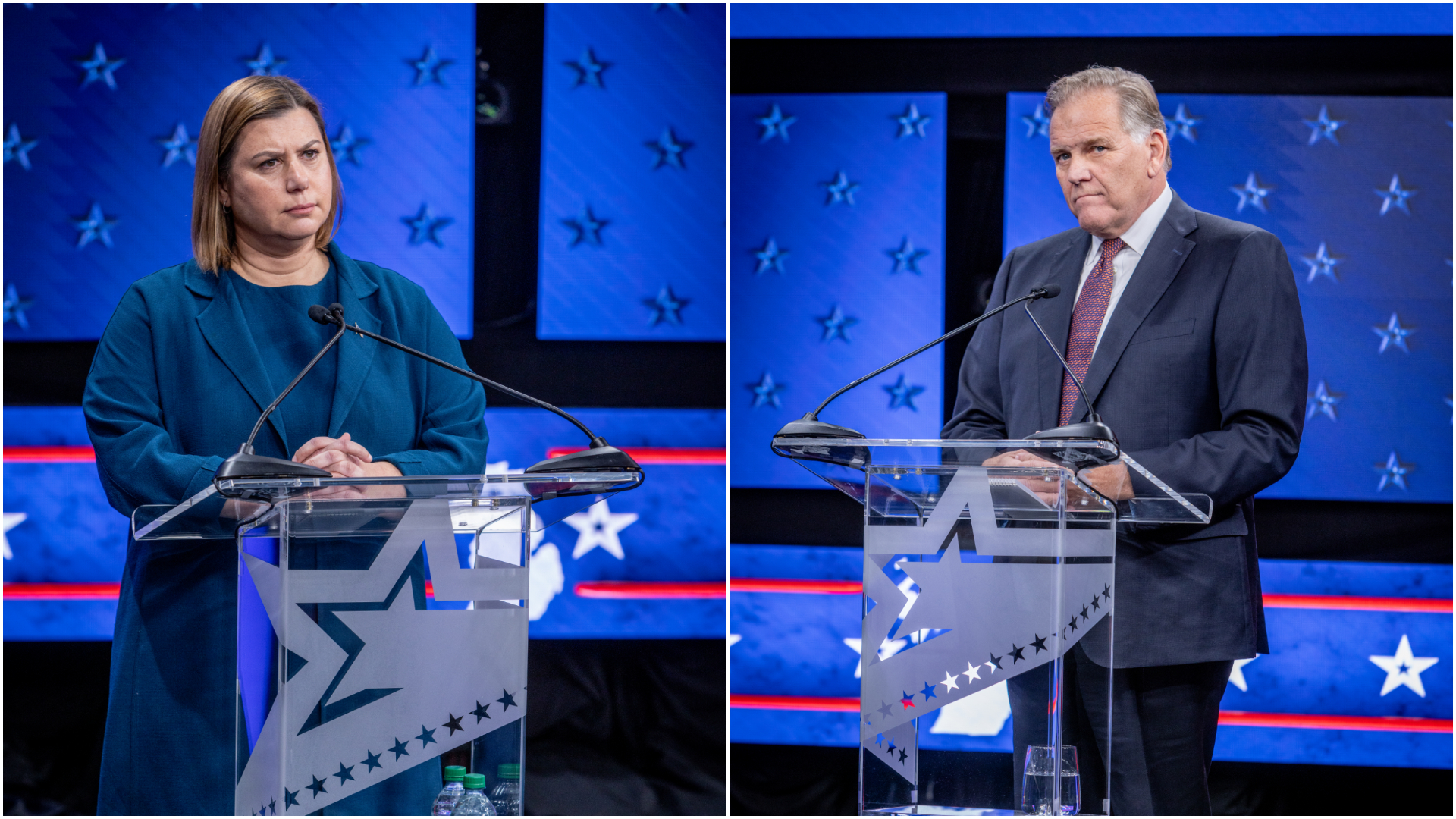 Former U.S. Rep. Mike Rogers and U.S. Rep. Elissa Slotkin at a debate hosted by WOOD TV8 on Oct. 8, 2024. (Michael Buck / WOOD TV8)