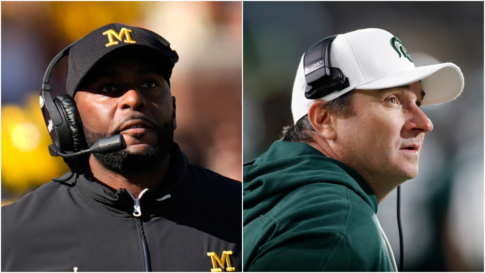 Left: Michigan head coach Sherrone Moore watches against Southern California in the first half of an NCAA college football game in Ann Arbor, Mich., Saturday, Sept. 21, 2024. (AP Photo/Paul Sancya) Right: Michigan State coach Jonathan Smith watches during the second half of an NCAA college football game against Iowa, Saturday, Oct. 19, 2024, in East Lansing, Mich. (AP Photo/Al Goldis)