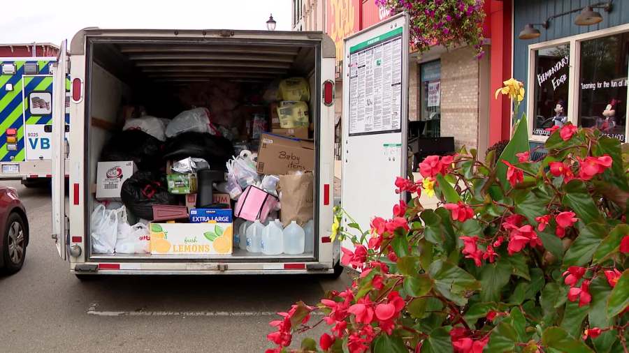 Donations for those affected by Hurricane Helene fill a U-Haul trailer parked outside Sporty's Pub in Paw Paw. (Oct. 4, 2024) 