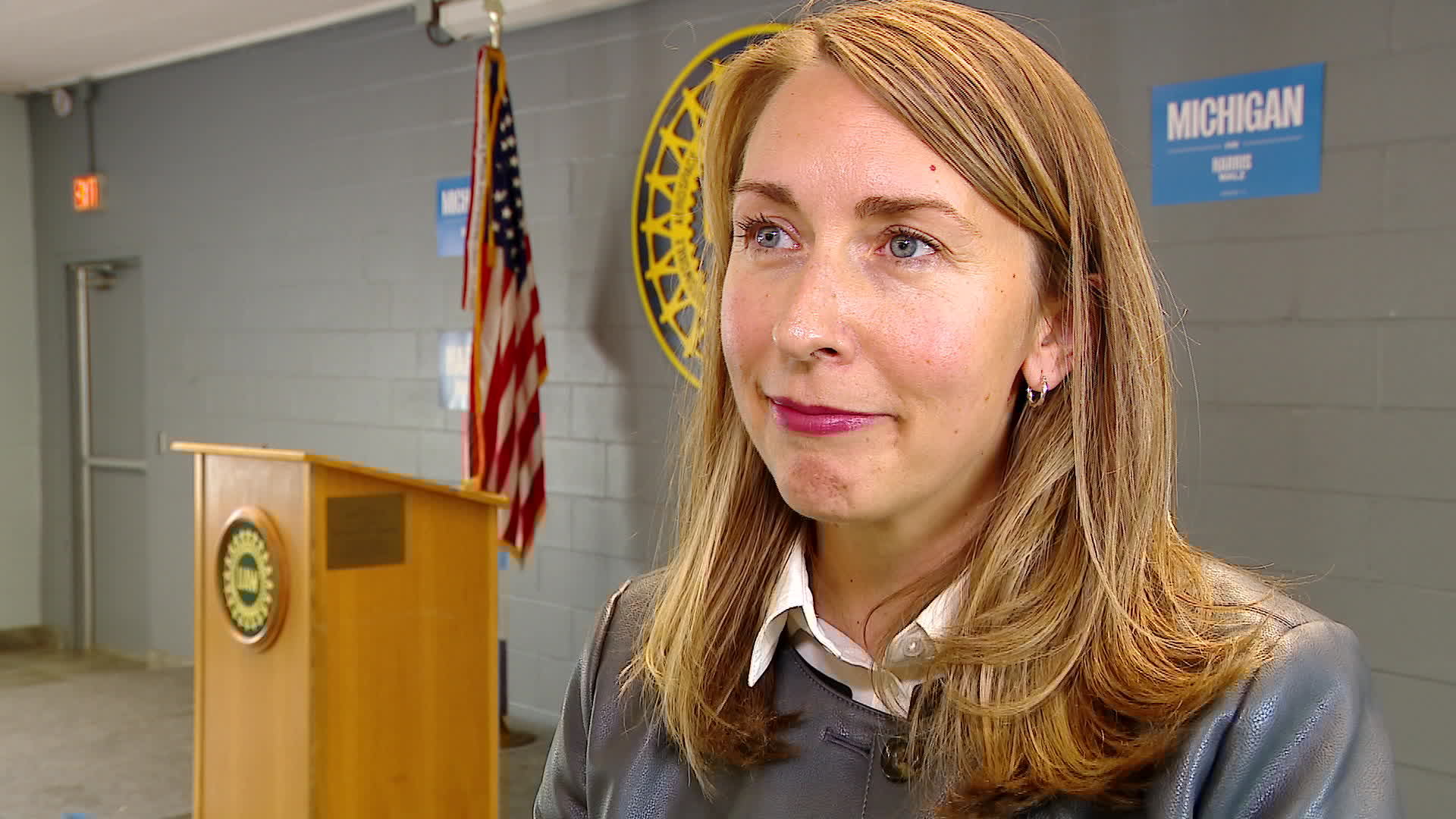 U.S. Rep. Hillary Scholten speaks to News 8 at the UAW hall in Wyoming on Oct. 2, 2024.