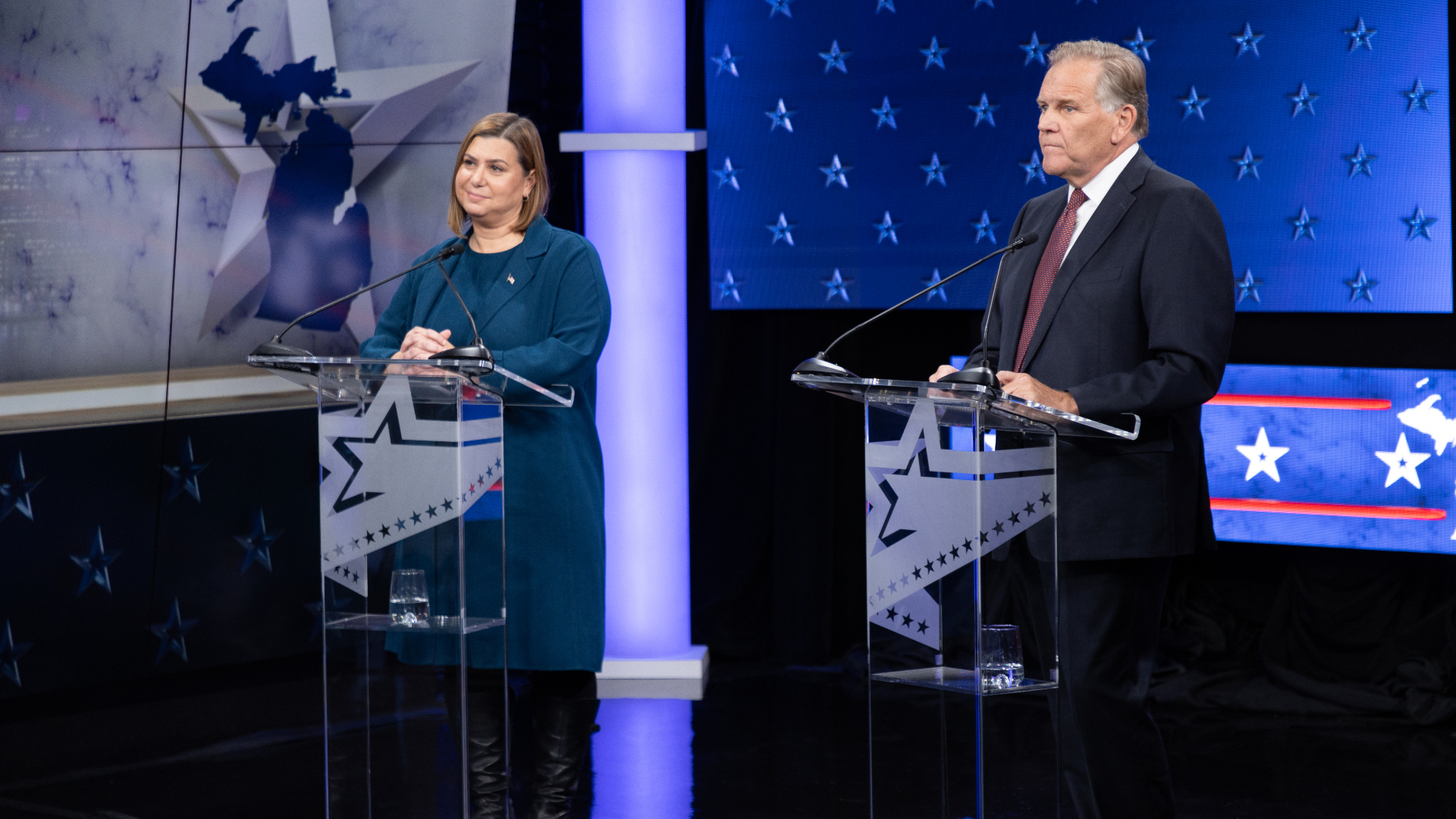 U.S. Senate candidates U.S. Rep. Elissa Slotkin (left) and former U.S. Rep. Mike Rogers participate in a debate at WOOD TV8 on Oct. 8, 2024. (Michael Buck/WOOD TV8)