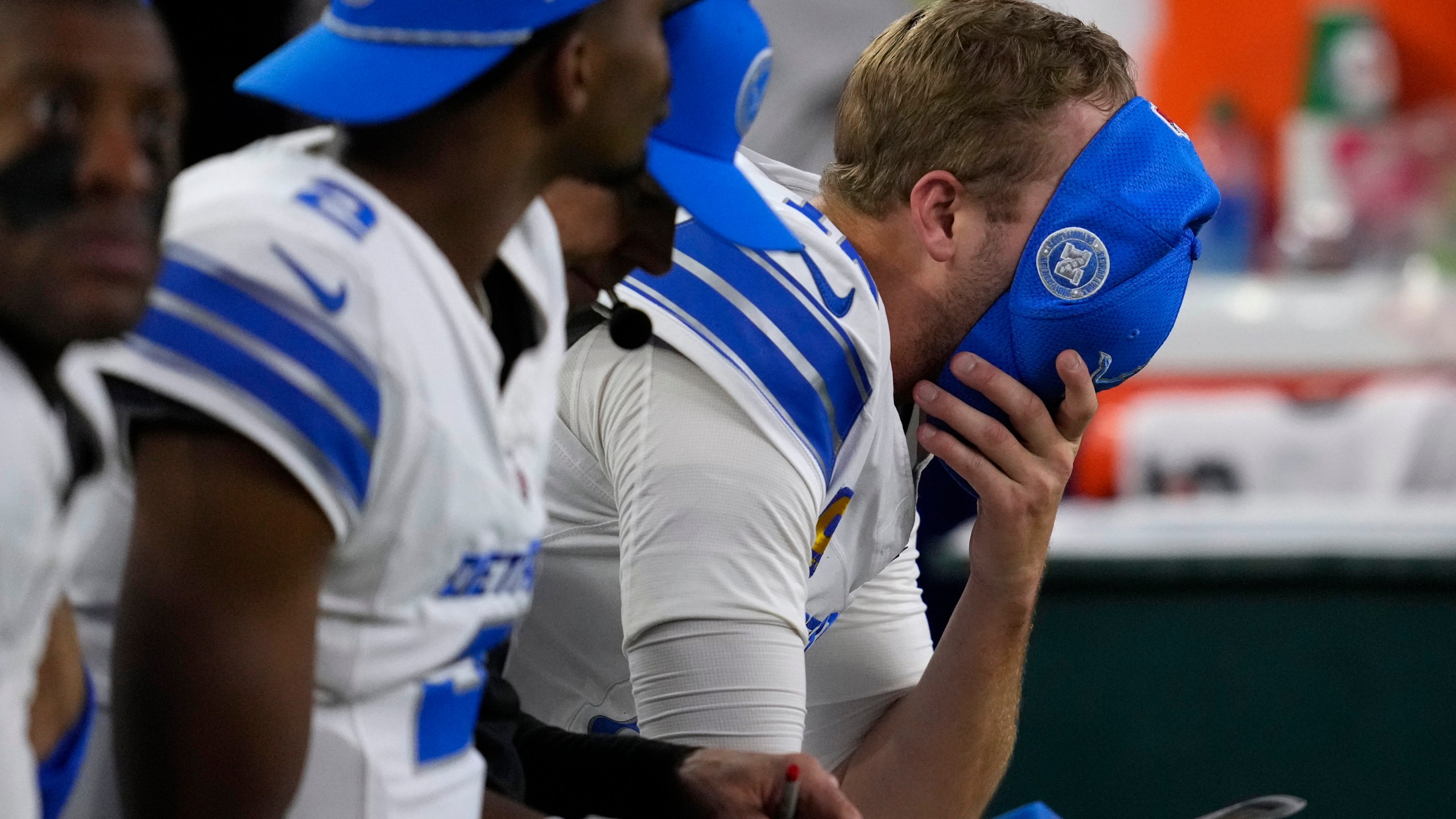 Detroit Lions quarterback Jared Goff reacts on the bench after throwing an interception during the second half of an NFL football game against the Houston Texans, Sunday, Nov. 10, 2024, in Houston. (AP Photo/David J. Phillip)