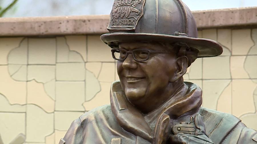 A statue of Edward Switalski, Comstock Township fire chief who was hit by a truck and killed in 2017 while responding to a call. (Nov. 16, 2024)