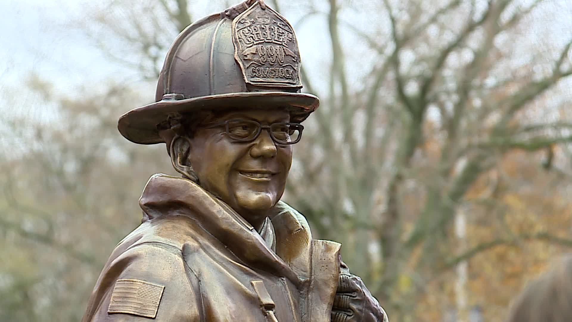 A statue of Edward Switalski, Comstock Township fire chief who was hit by a truck and killed in 2017 while responding to a call. (Nov. 16, 2024)