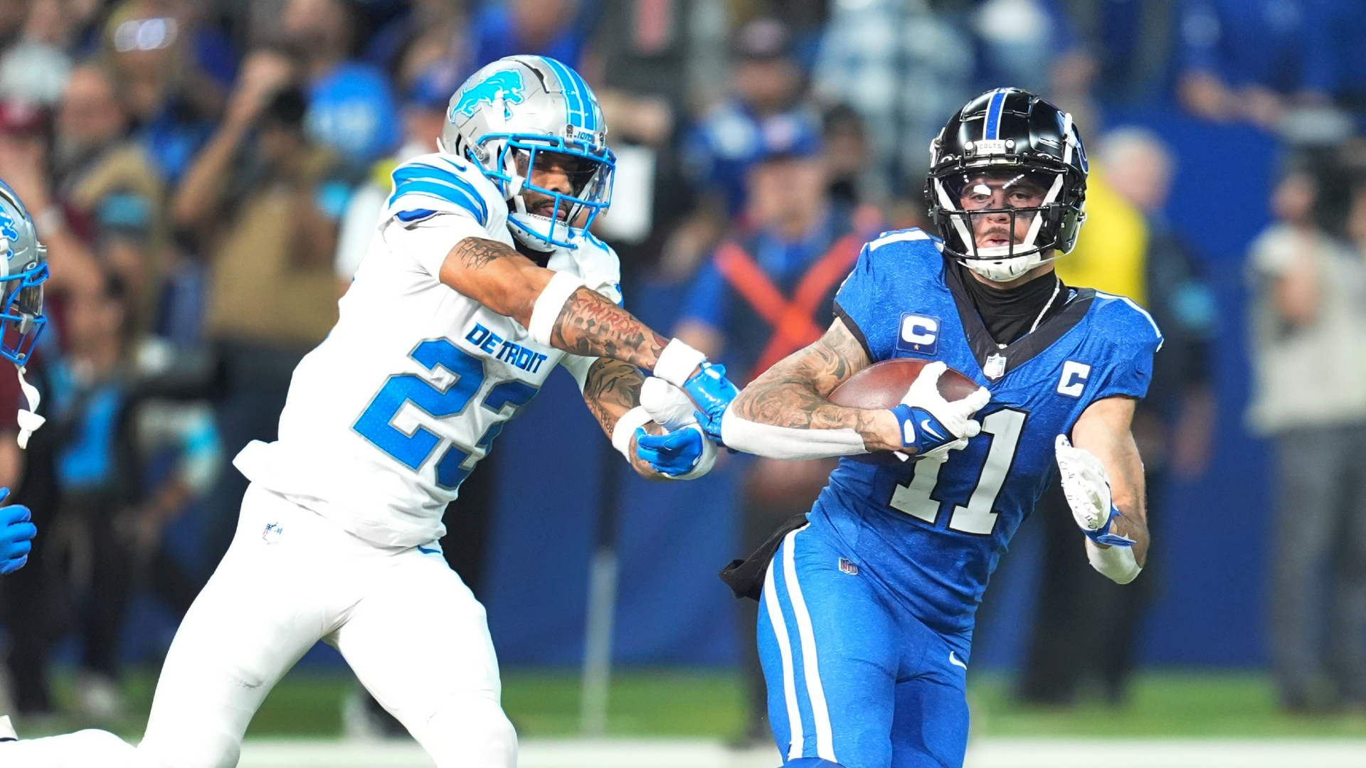 Detroit Lions cornerback Carlton Davis III chases down Indianapolis wide receiver Michael Pittman Jr., during the Lions' 24-6 win on Sunday, Nov. 24, 2024. (Michael Conroy/AP)
