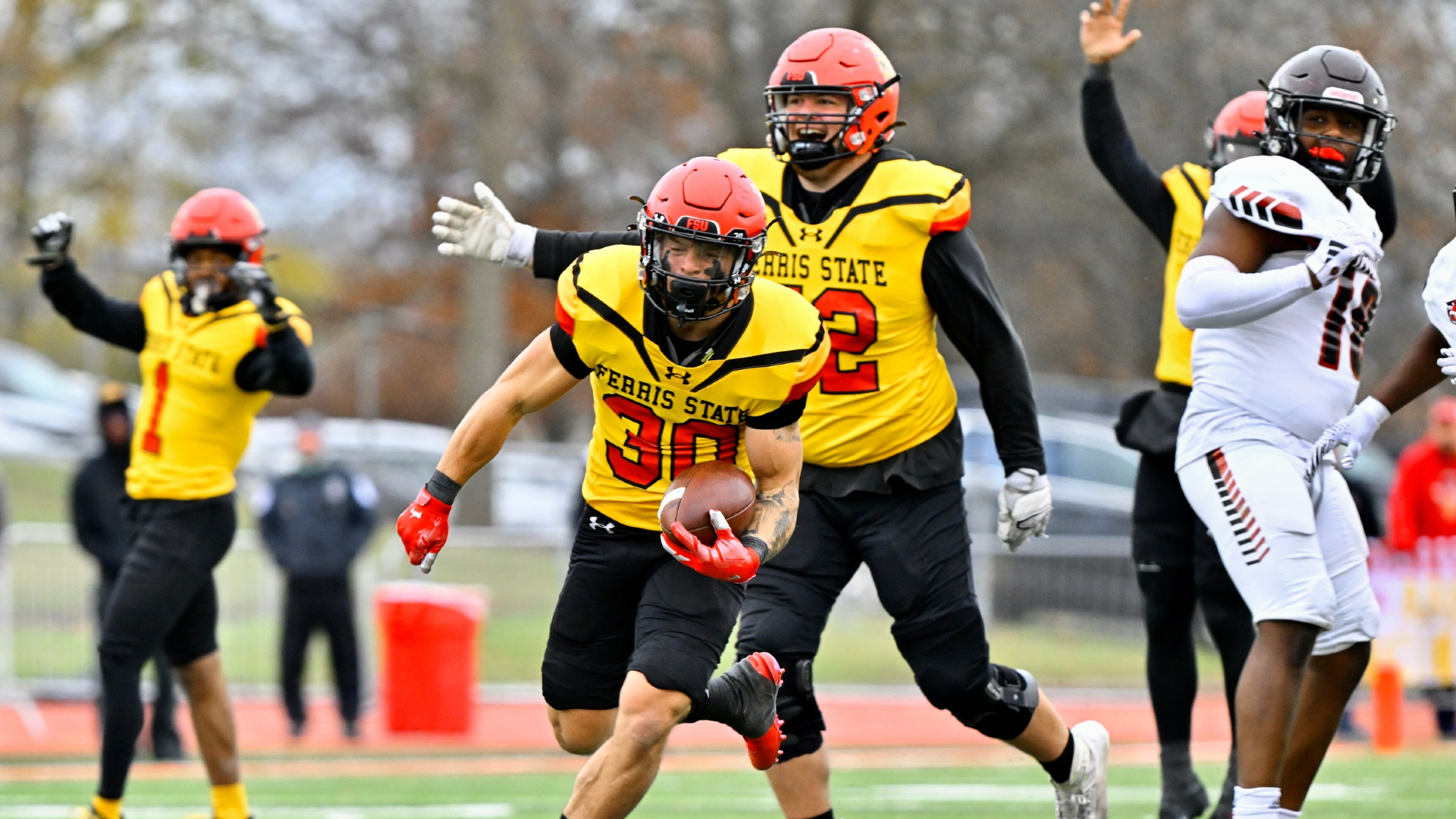 Ferris State running back Kannon Katzer breaks free for a 42-yard touchdown vs. Davenport on Saturday, Nov. 16, 2024, at Top Taggart Field in Big Rapids. (Courtesy FSU)